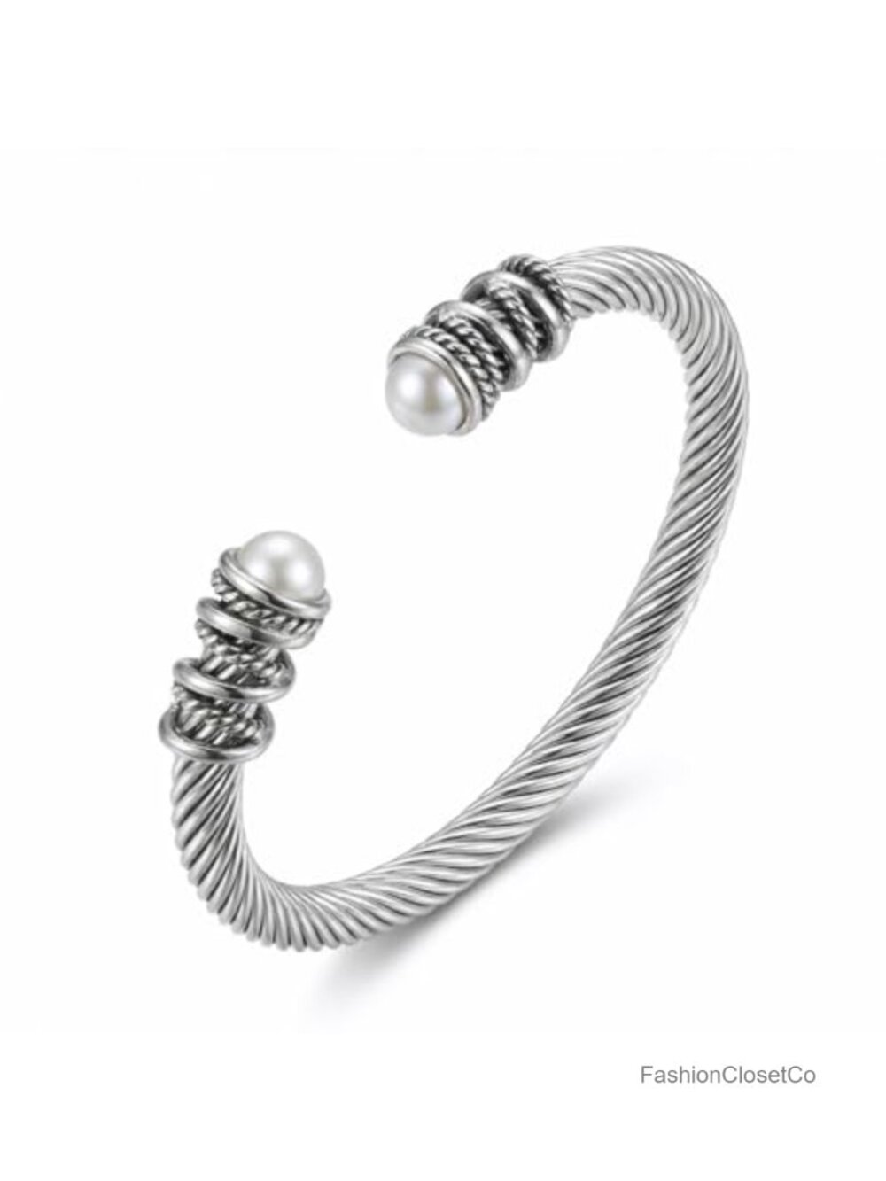 Twisted Cable Cuff Bracelet Stainless Steel Composite Pearl 6" Adjustable